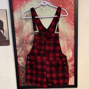 Hot Topic Red and Black Plaid Short Overalls